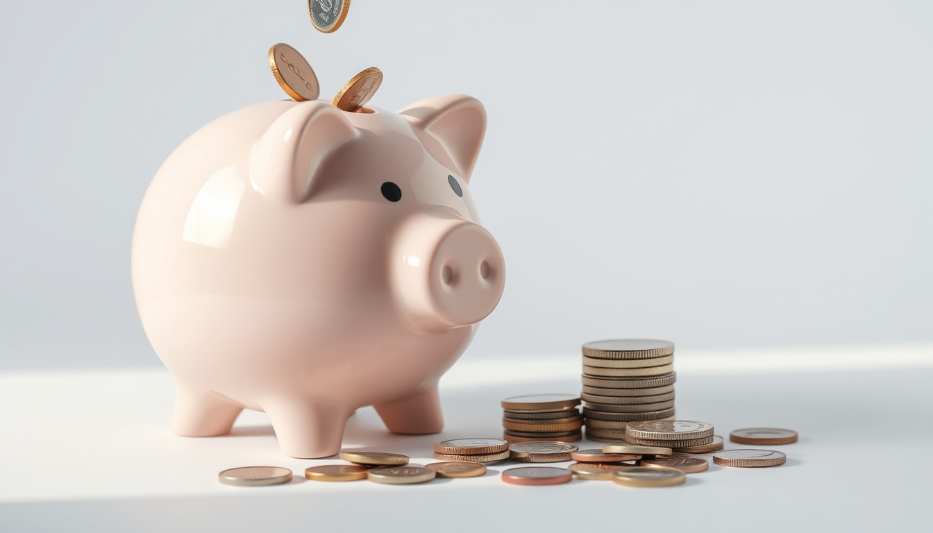 piggy bank with coins falling minimalist in editorial style