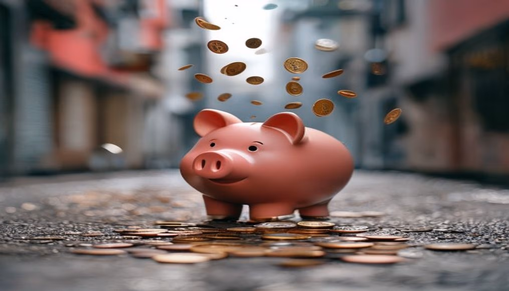 piggy bank with coins falling minimalist in editorial style