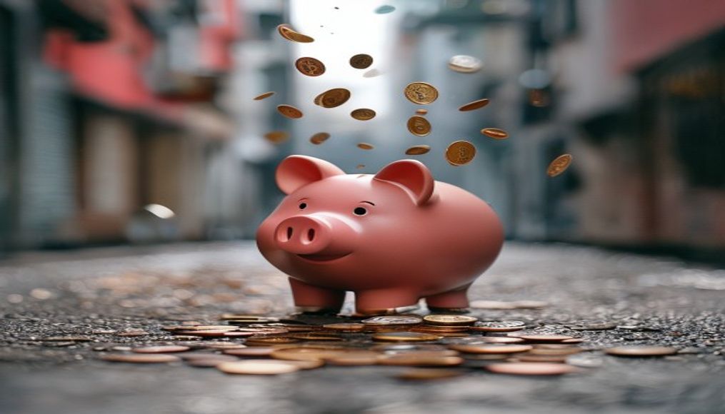 piggy bank with coins falling minimalist in editorial style