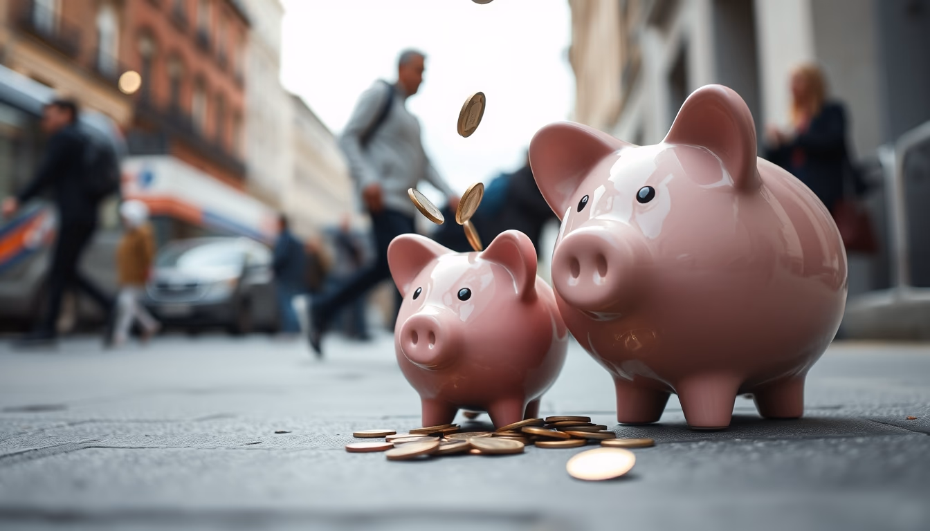 piggy bank with coins falling minimalist in editorial style