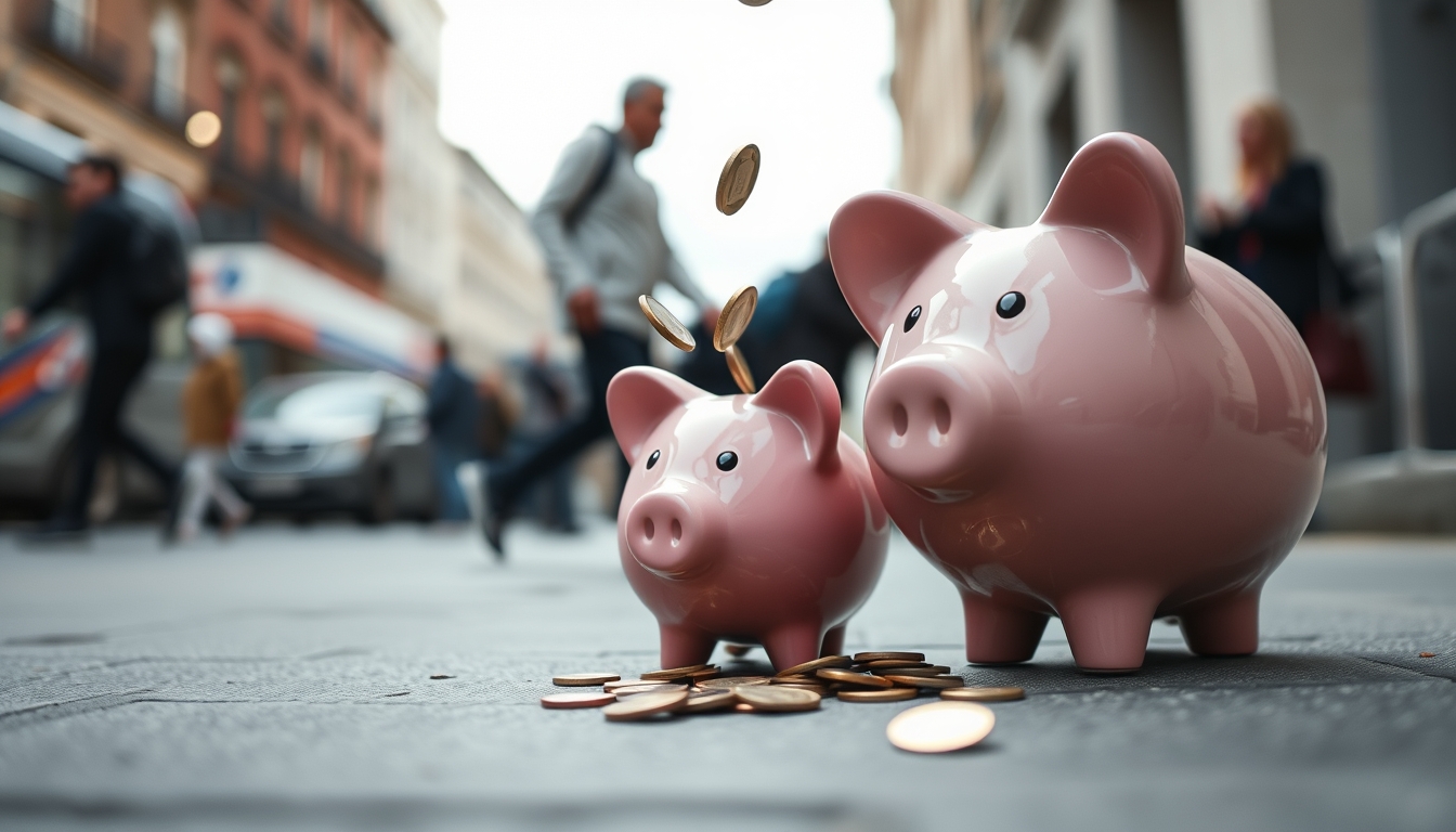 piggy bank with coins falling minimalist in editorial style