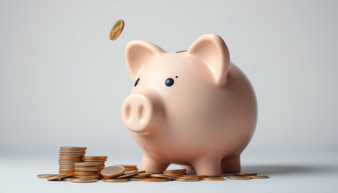 Piggy bank with coins falling minimalist em estilo editorial