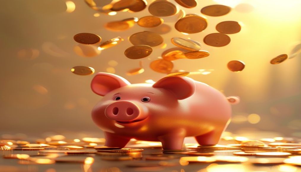 Piggy bank with coins falling minimalist em estilo editorial