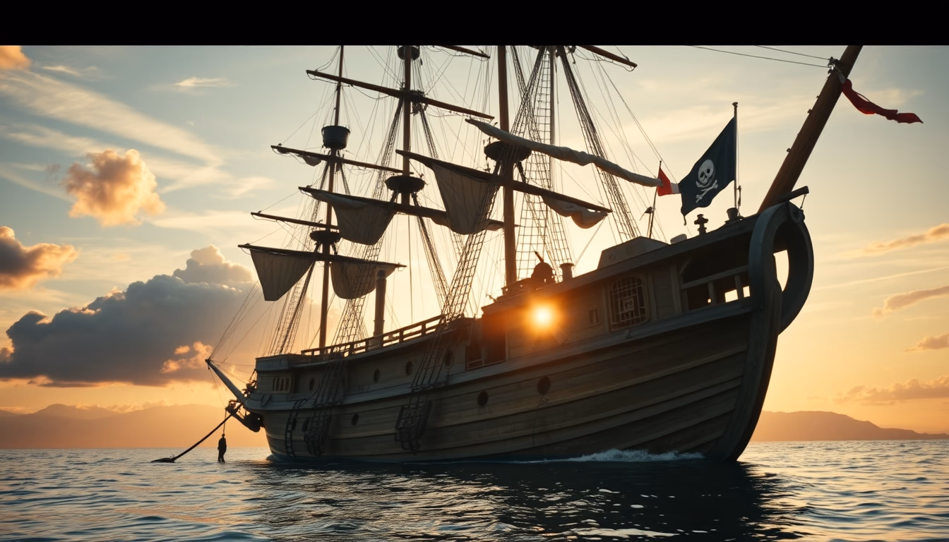 pirate ship reconstruction in editorial style