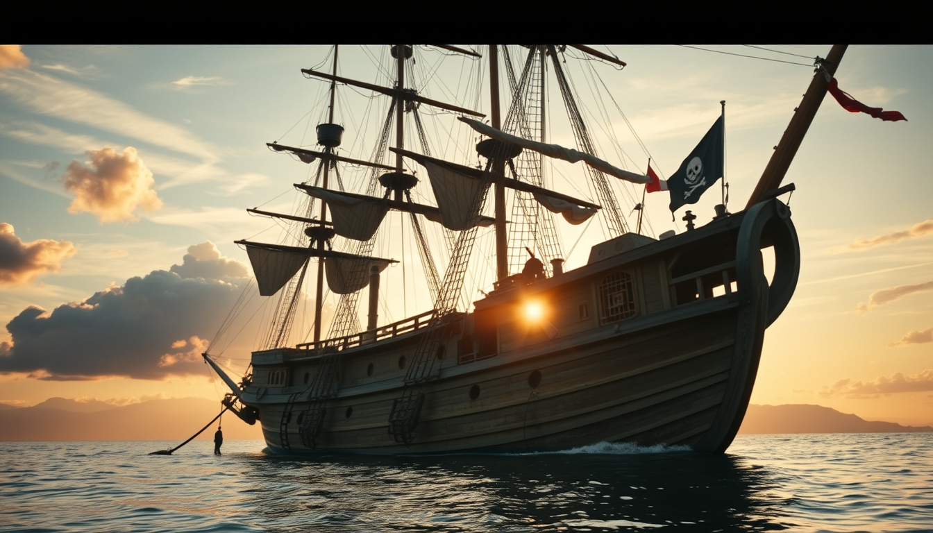 pirate ship reconstruction in editorial style