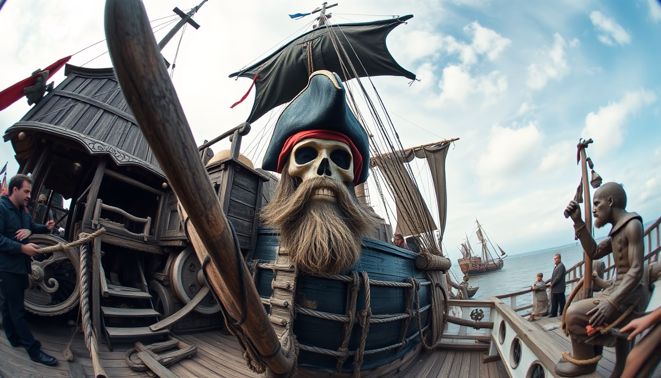 pirate ship reconstruction in editorial style