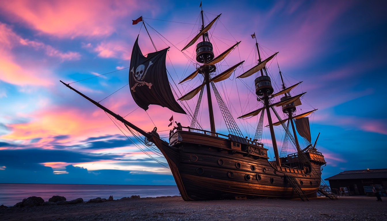 pirate ship reconstruction in editorial style