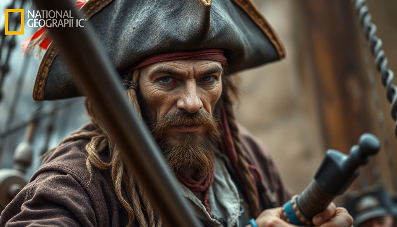 pirate ship reconstruction in editorial style