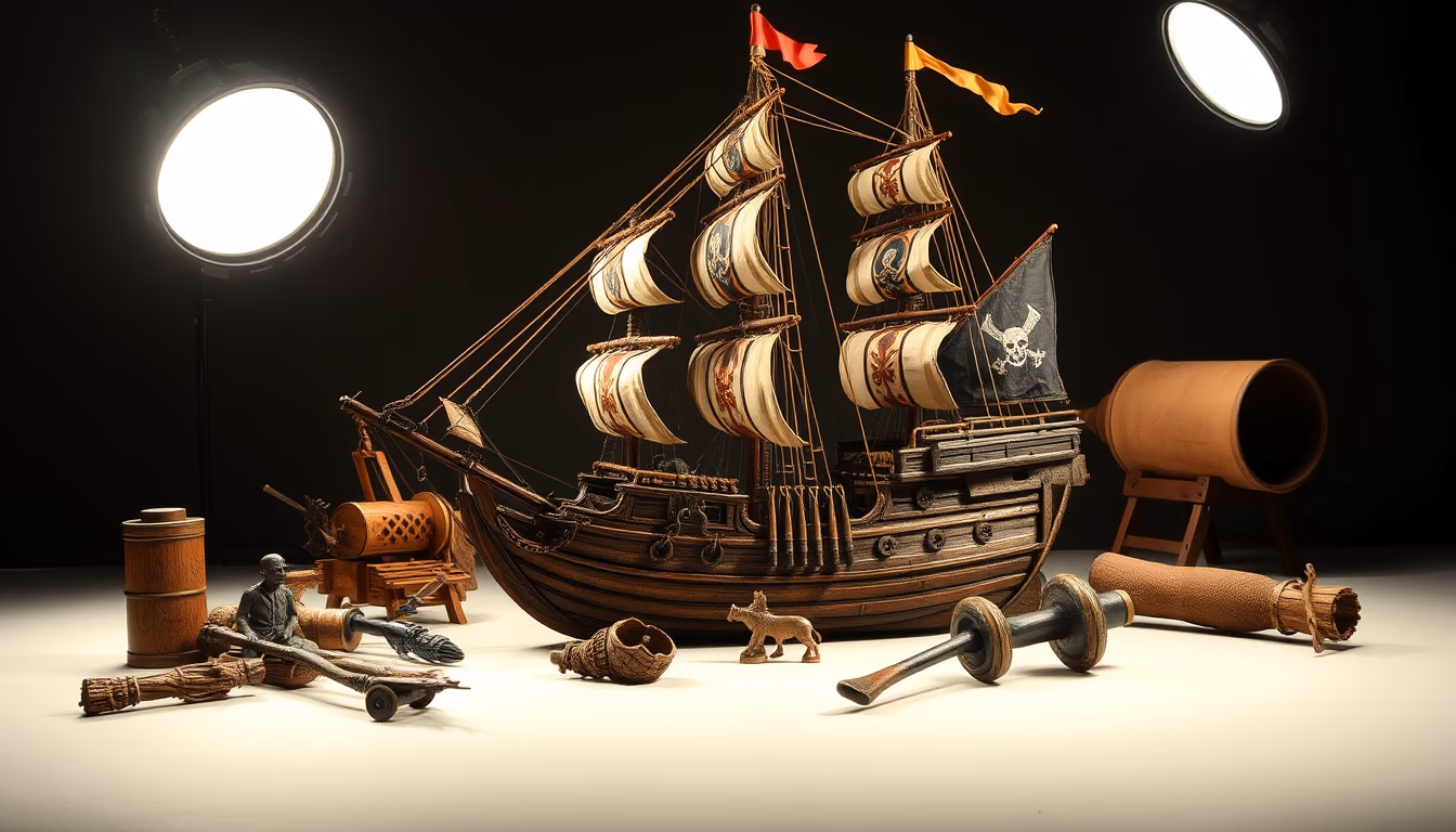 pirate ship reconstruction in editorial style