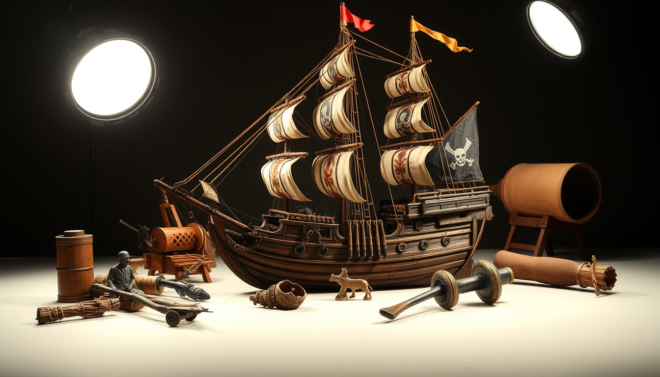 pirate ship reconstruction in editorial style