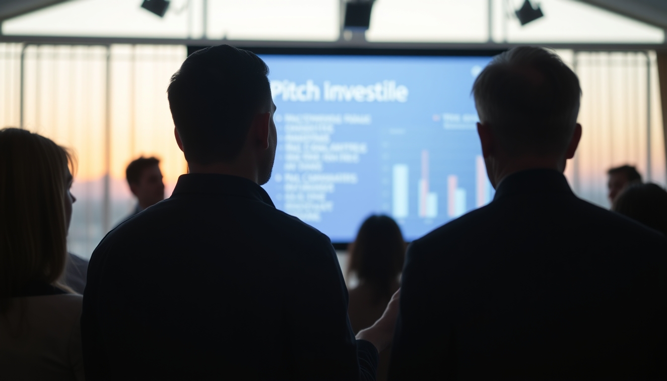 Pitch presentation founder in front of slide deck and investors em estilo editorial