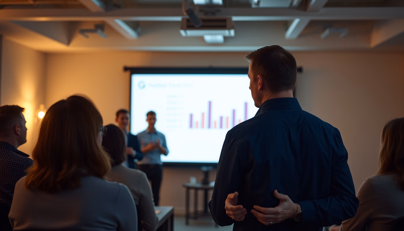 Pitch presentation founder in front of slide deck and investors em estilo editorial