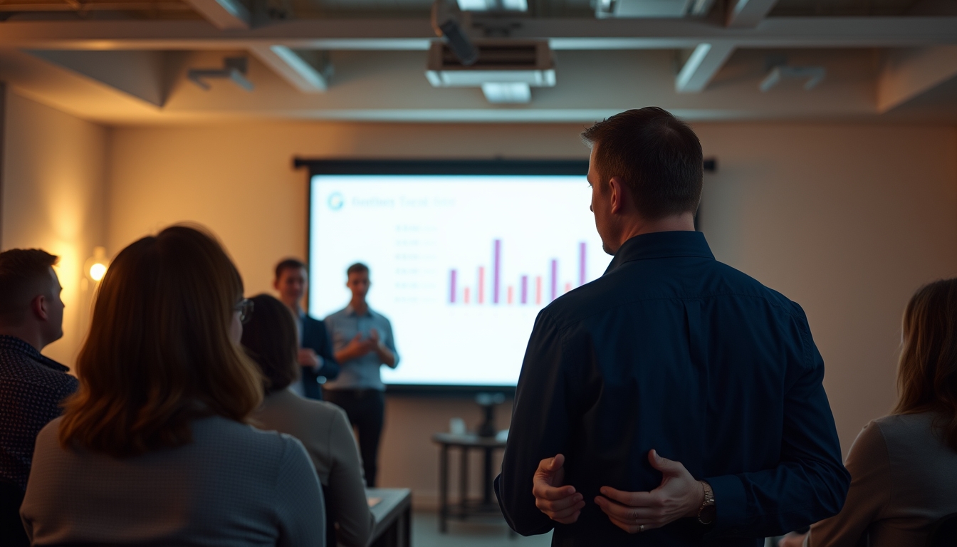 Pitch presentation founder in front of slide deck and investors em estilo editorial