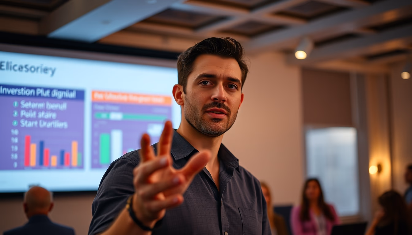 Pitch presentation founder in front of slide deck and investors em estilo editorial