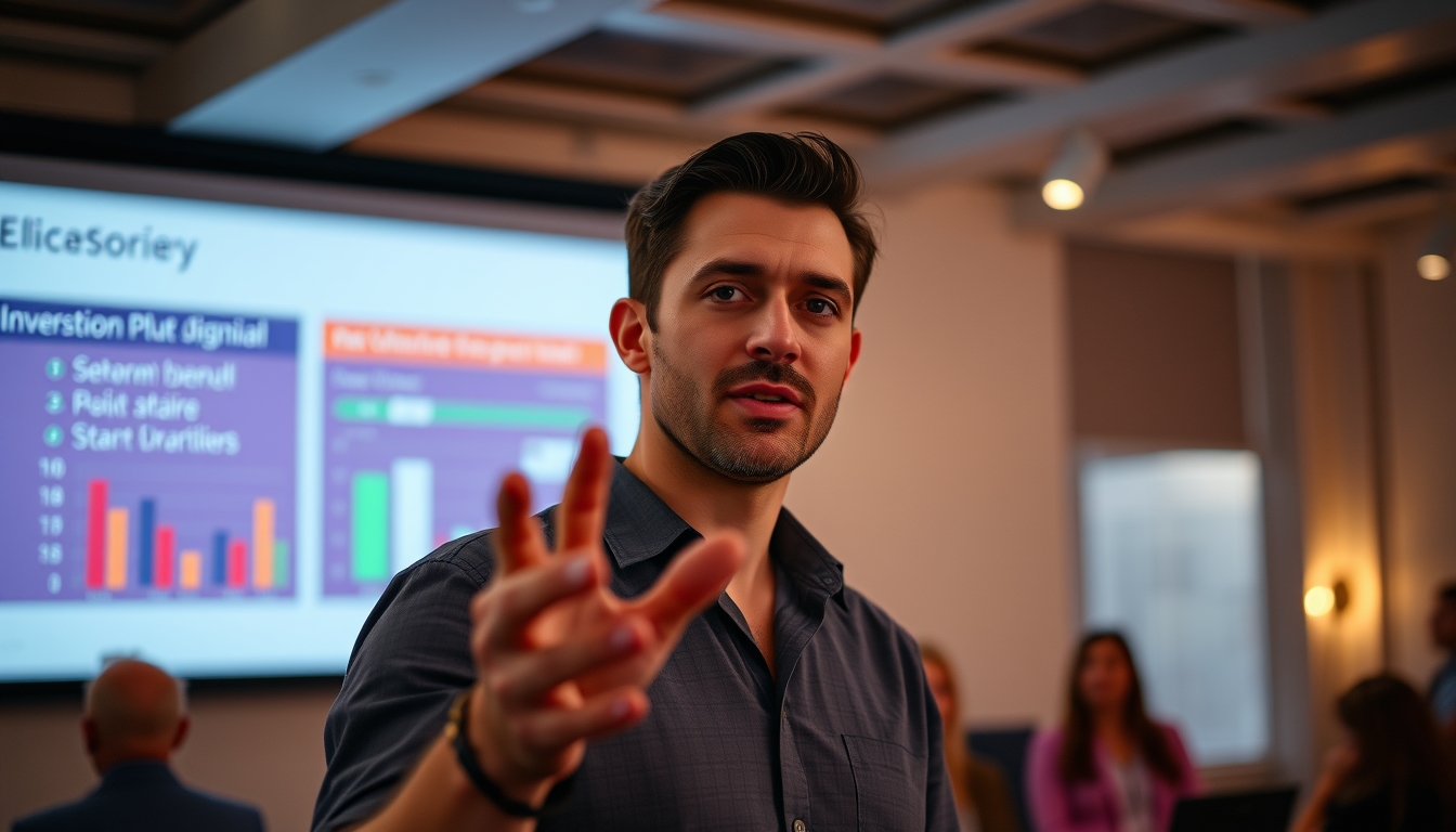 Pitch presentation founder in front of slide deck and investors em estilo editorial