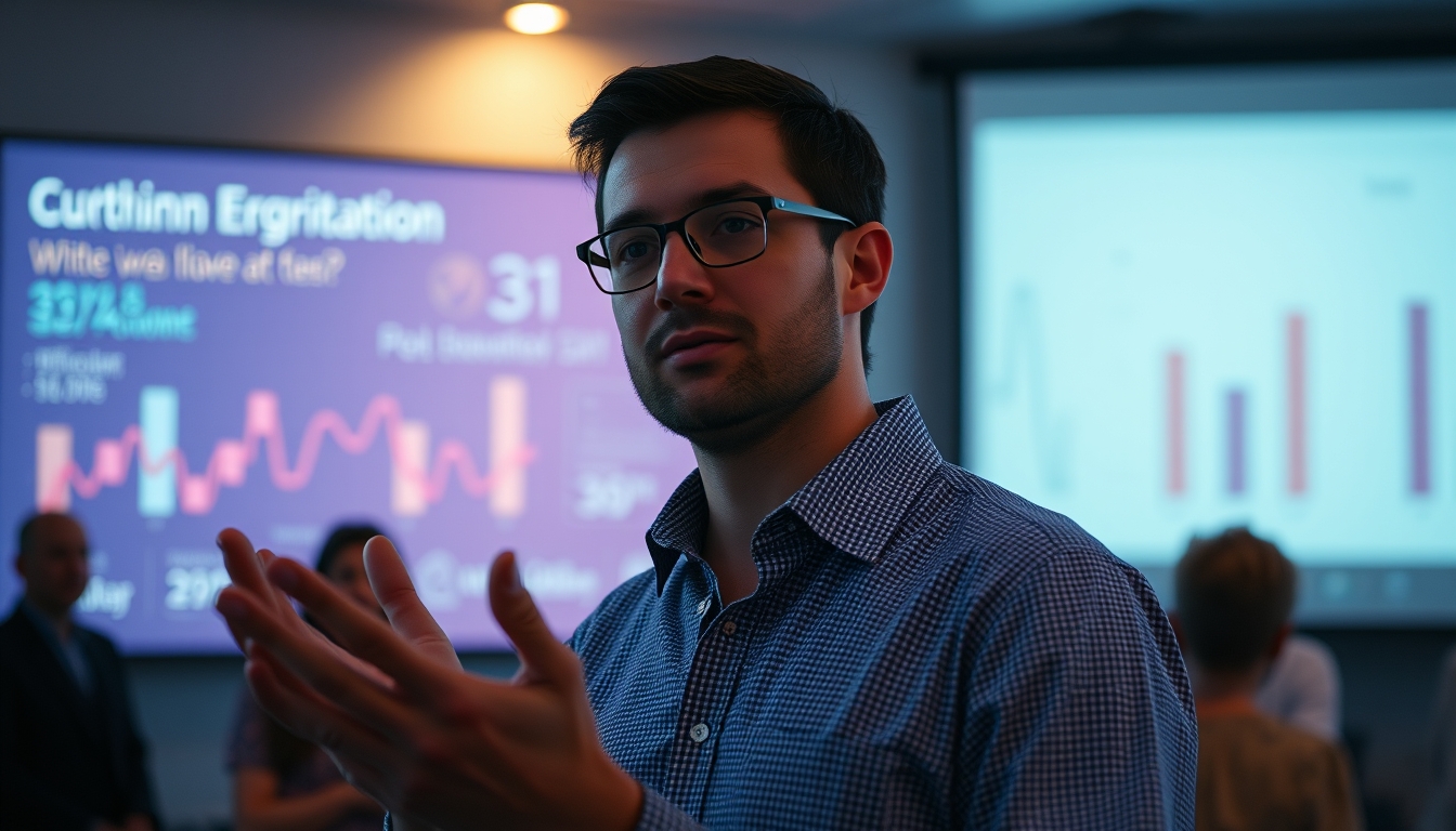 Pitch presentation founder in front of slide deck and investors em estilo editorial