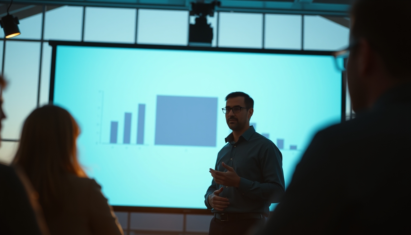 Pitch presentation founder in front of slide deck and investors em estilo editorial