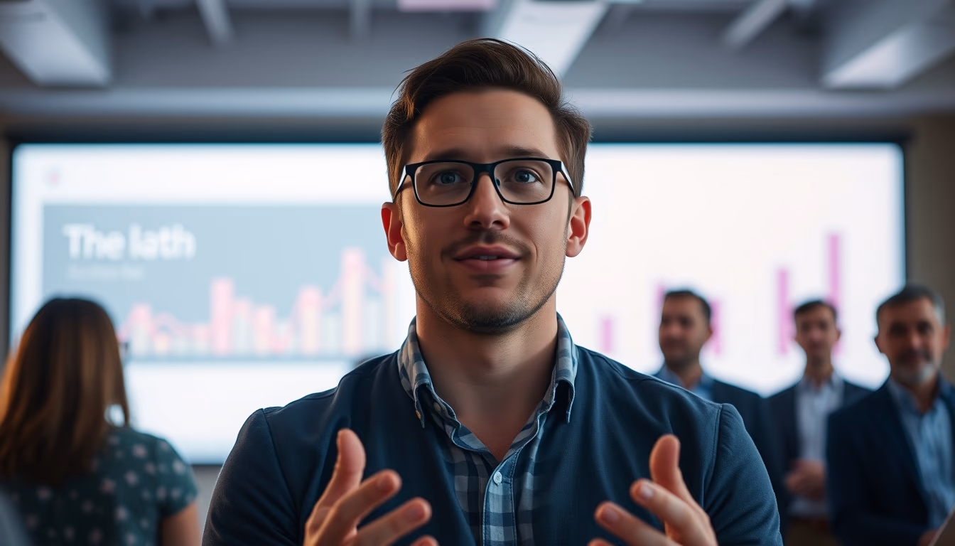 Pitch presentation founder in front of slide deck and investors em estilo editorial