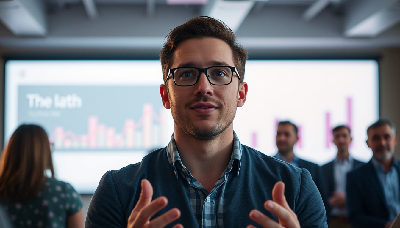 Pitch presentation founder in front of slide deck and investors em estilo editorial