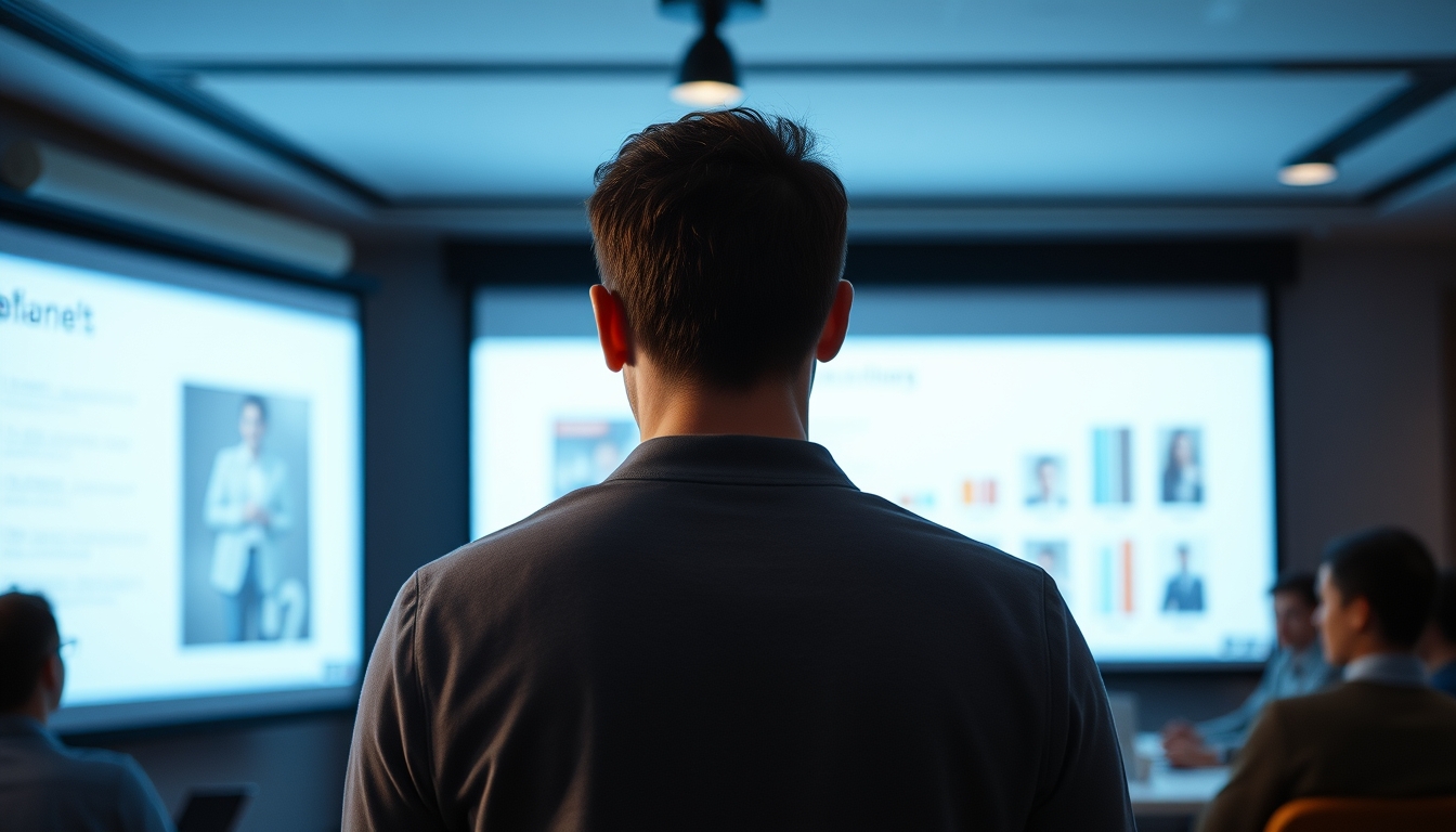 Pitch presentation founder in front of slide deck and investors em estilo editorial