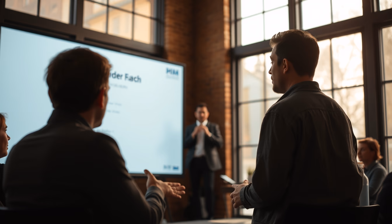 Pitch presentation founder in front of slide deck and investors em estilo editorial