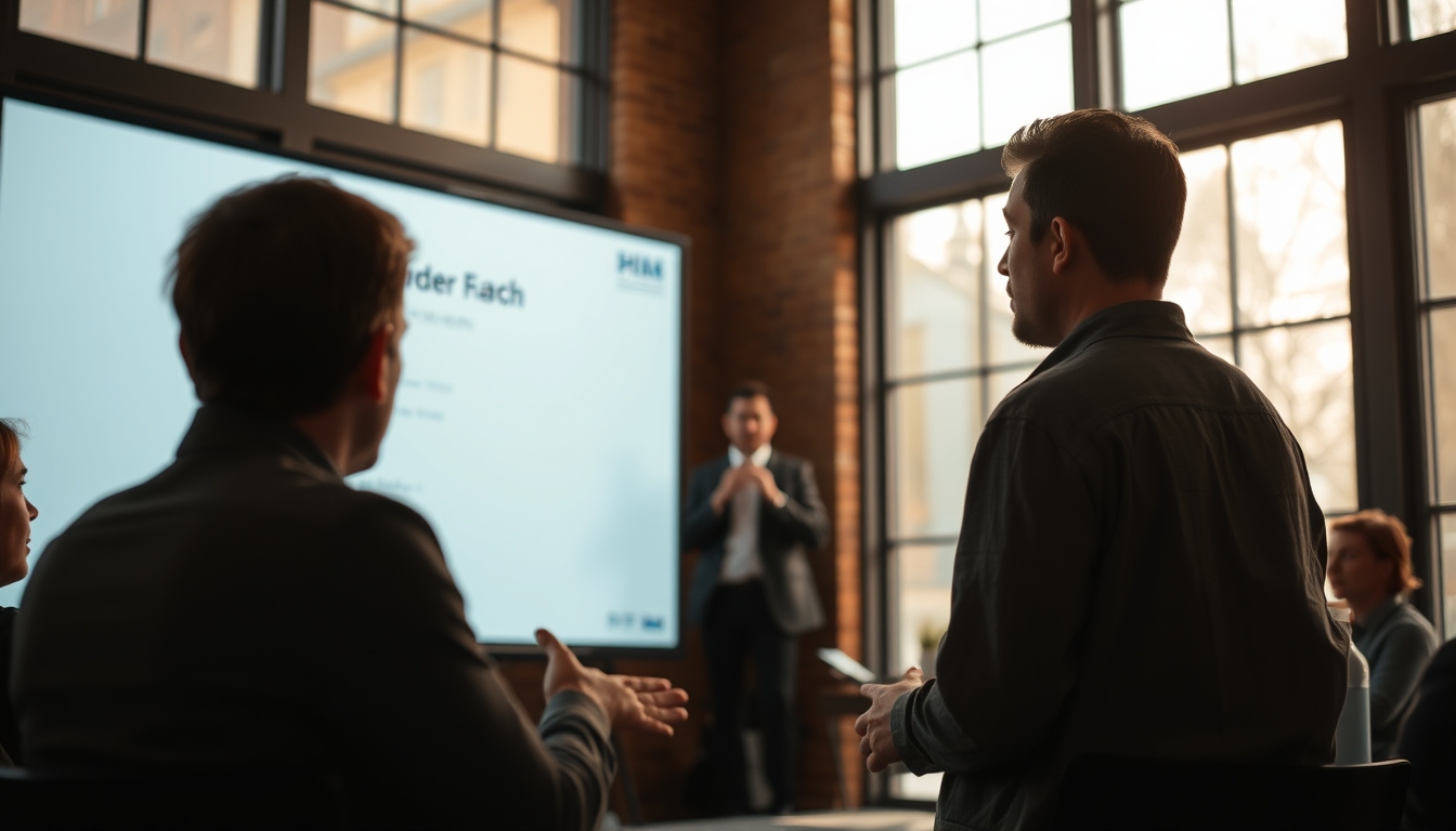 Pitch presentation founder in front of slide deck and investors em estilo editorial