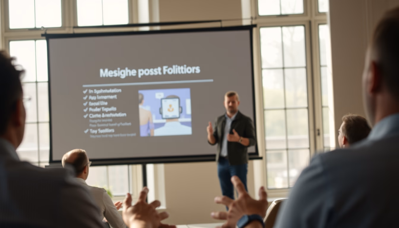 Pitch presentation founder in front of slide deck and investors em estilo editorial