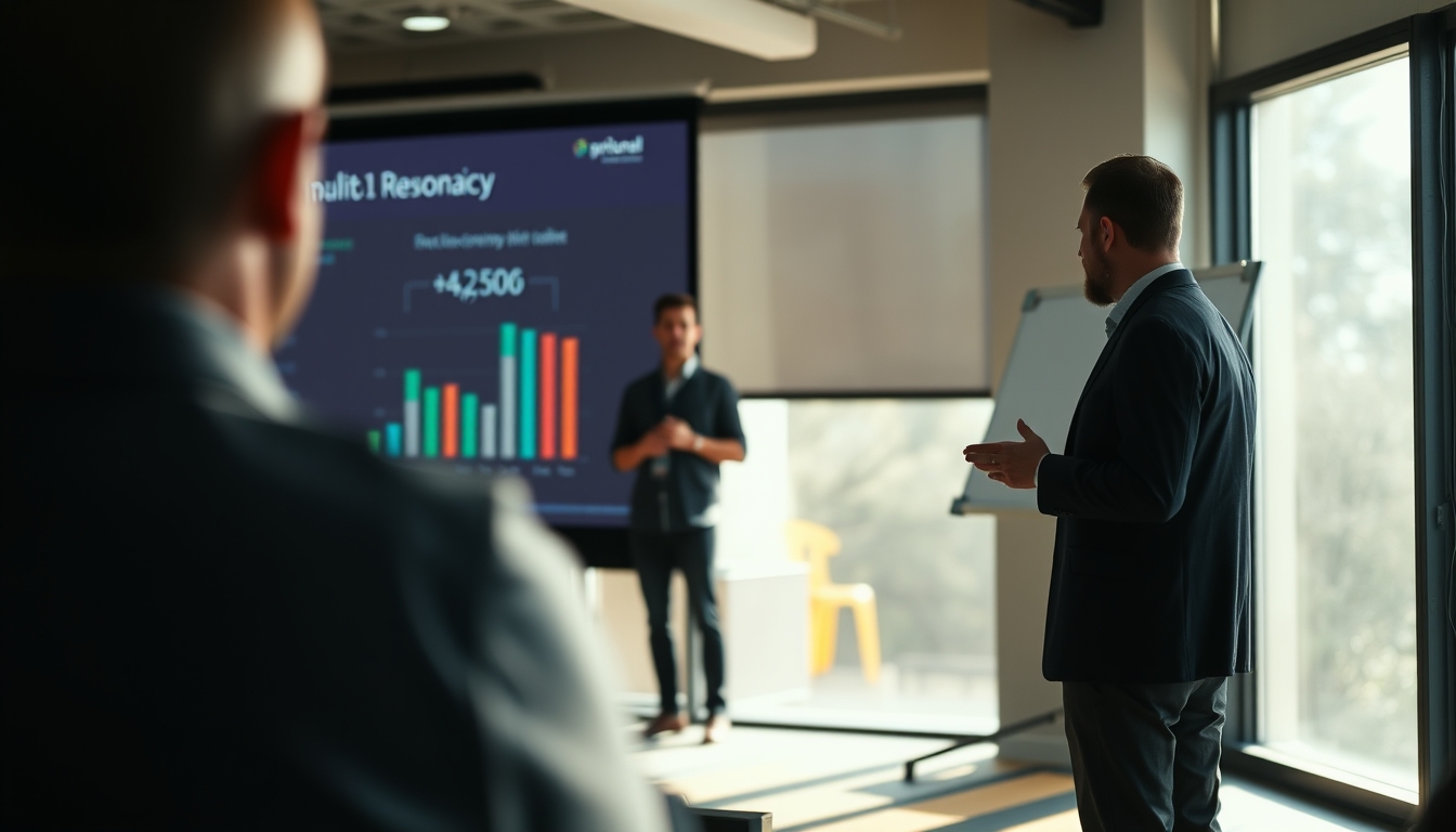 Pitch presentation founder in front of slide deck and investors em estilo editorial