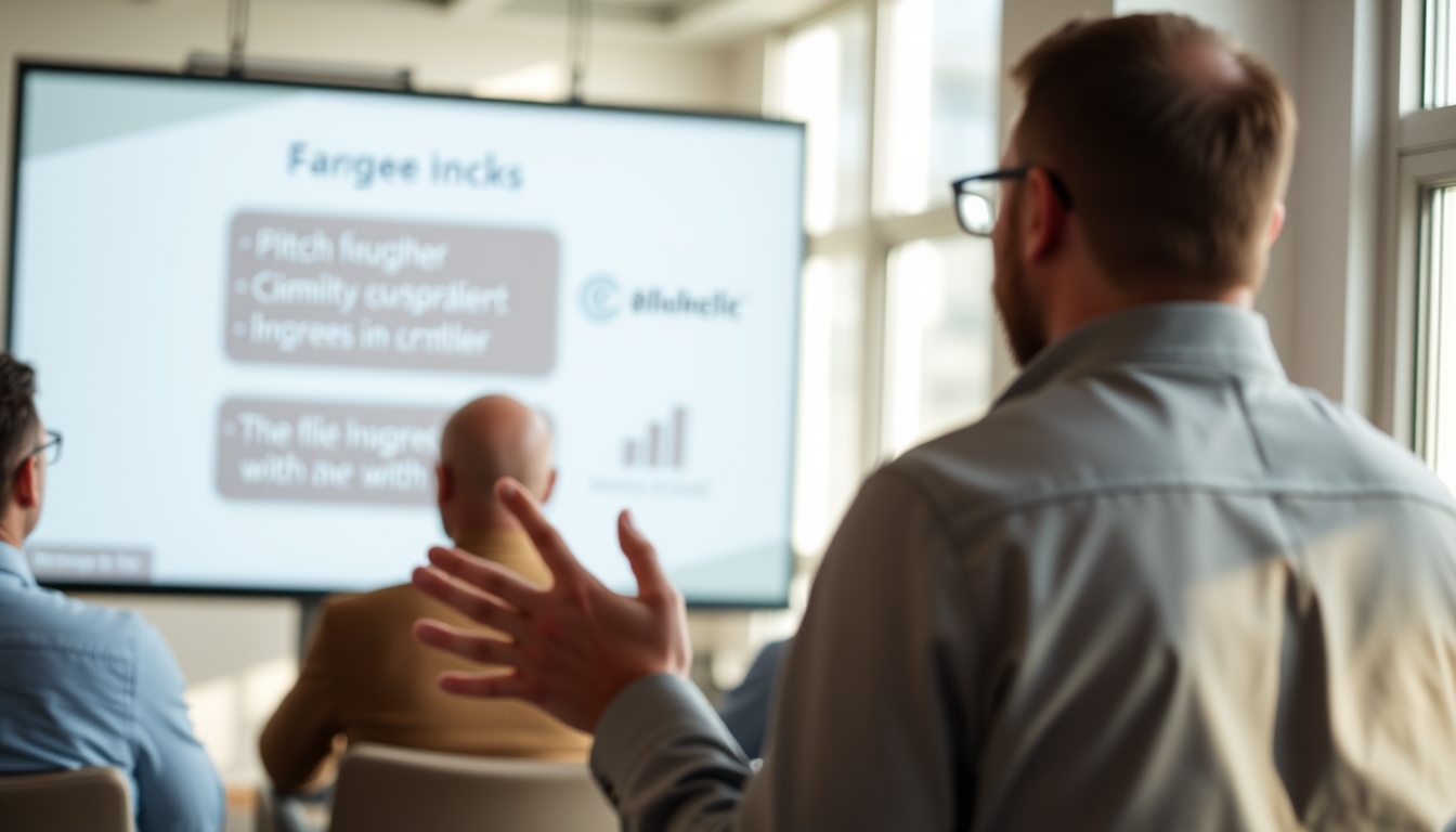 Pitch presentation founder in front of slide deck and investors em estilo editorial