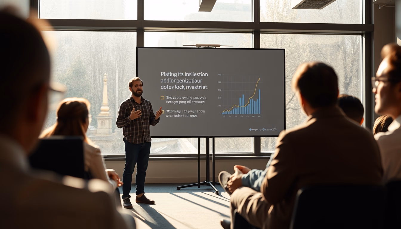 Pitch presentation founder in front of slide deck and investors em estilo editorial