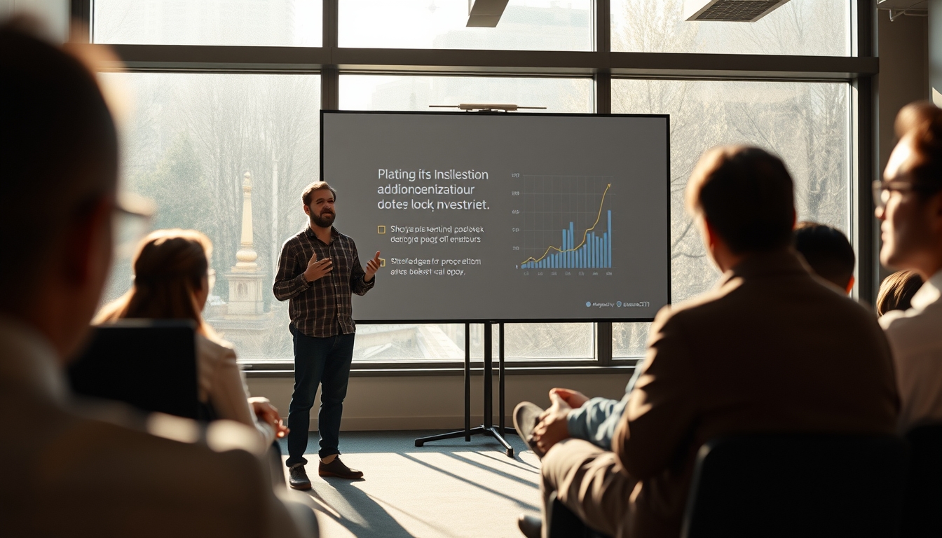 Pitch presentation founder in front of slide deck and investors em estilo editorial