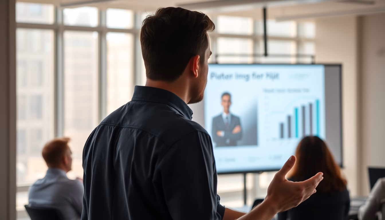 pitch presentation founder in front of slide deck and investors in editorial style