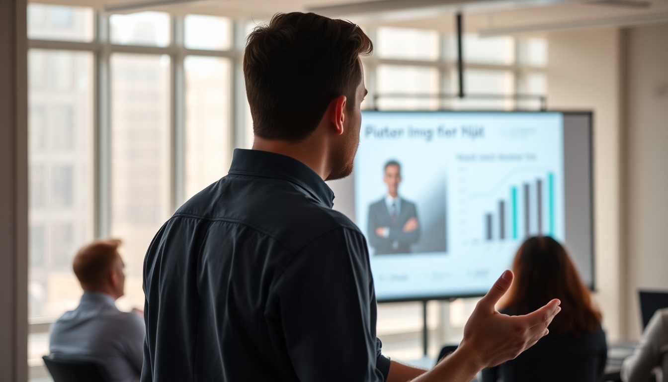 Pitch presentation founder in front of slide deck and investors em estilo editorial