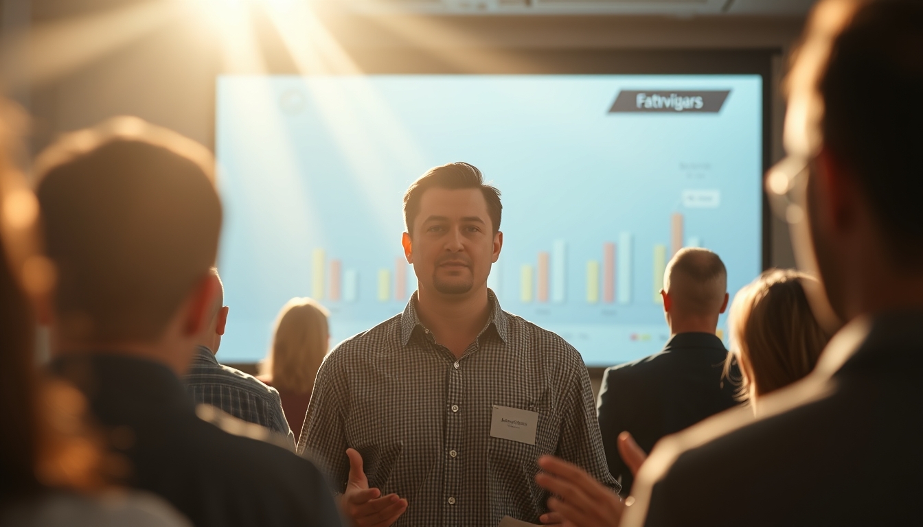 Pitch presentation founder in front of slide deck and investors em estilo editorial