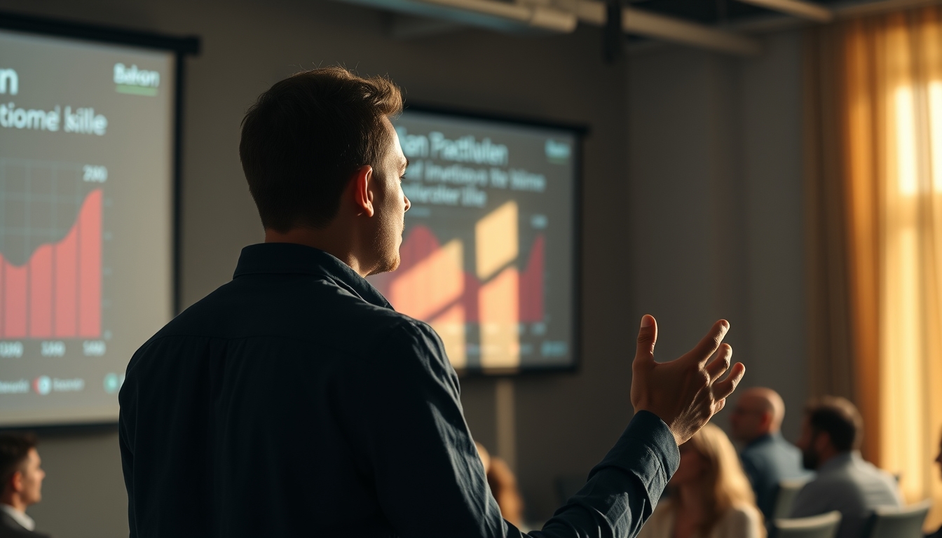 Pitch presentation founder in front of slide deck and investors em estilo editorial