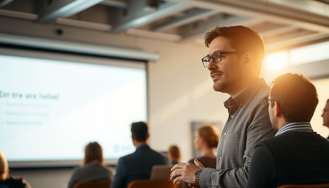 Pitch presentation founder in front of slide deck and investors em estilo editorial