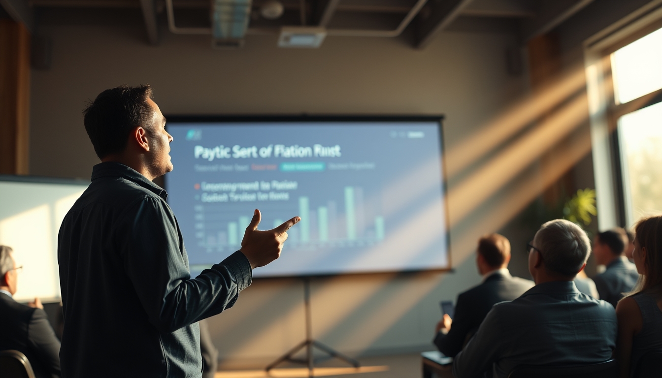 Pitch presentation founder in front of slide deck and investors em estilo editorial