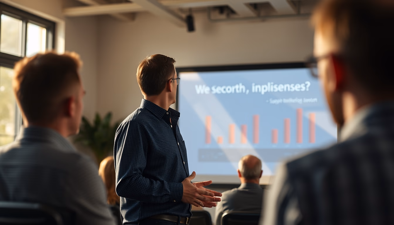 Pitch presentation founder in front of slide deck and investors em estilo editorial