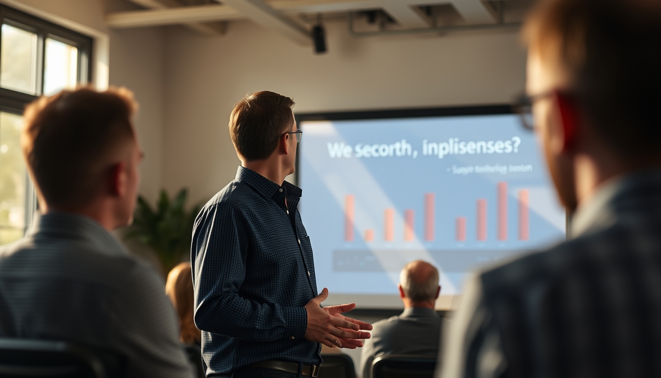 Pitch presentation founder in front of slide deck and investors em estilo editorial