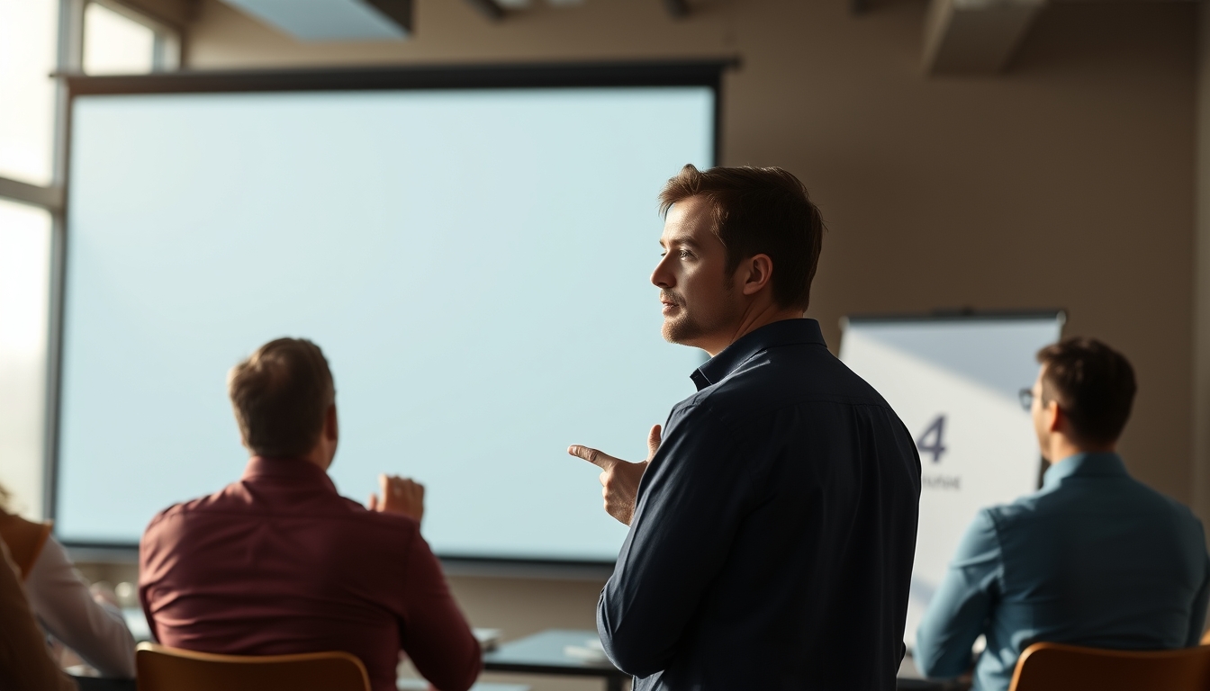 Pitch presentation founder in front of slide deck and investors em estilo editorial