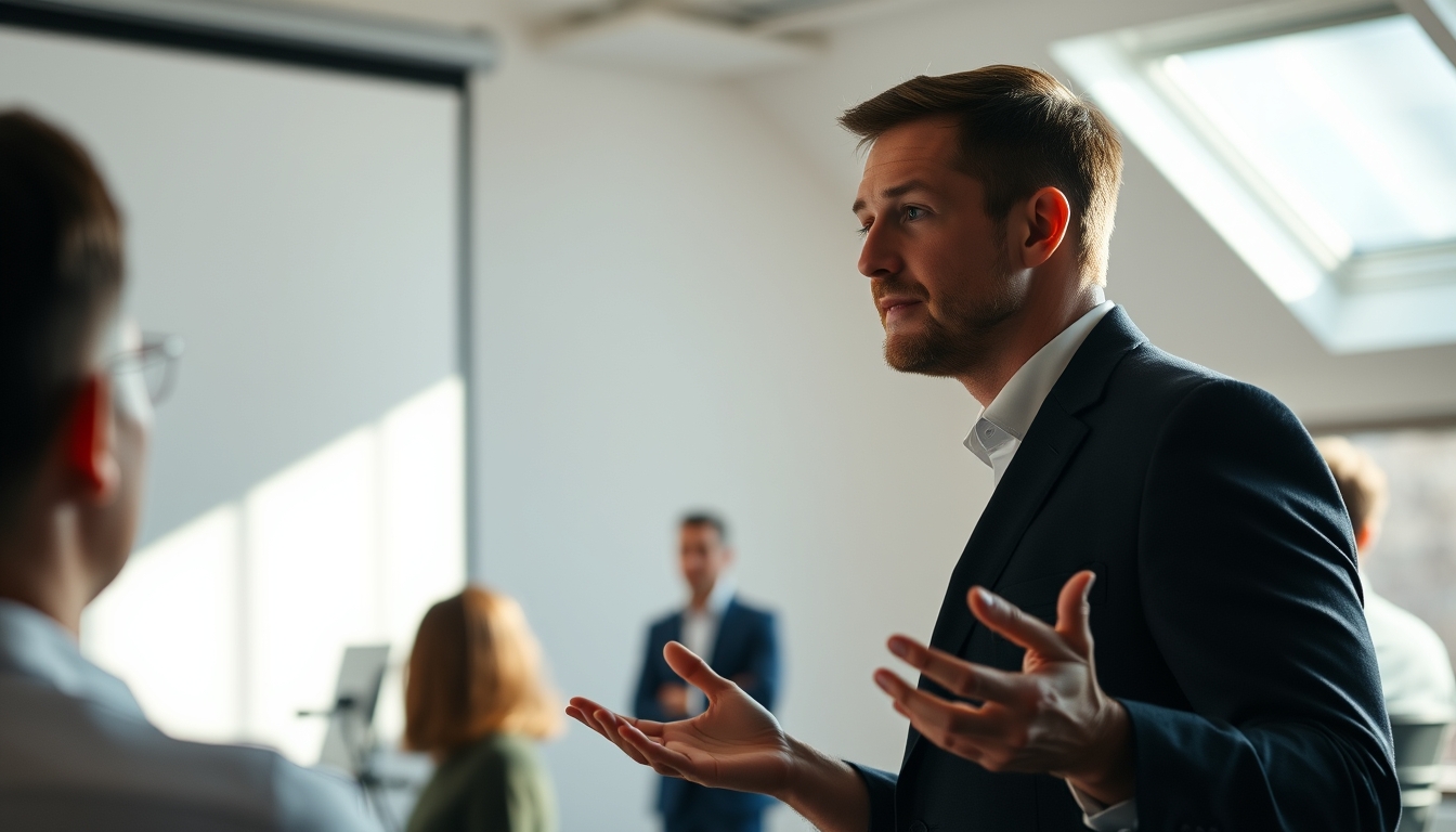 Pitch presentation founder in front of slide deck and investors em estilo editorial