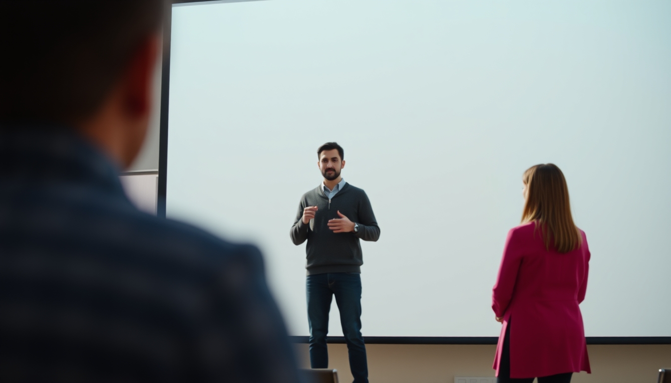 Pitch presentation founder in front of slide deck and investors em estilo editorial