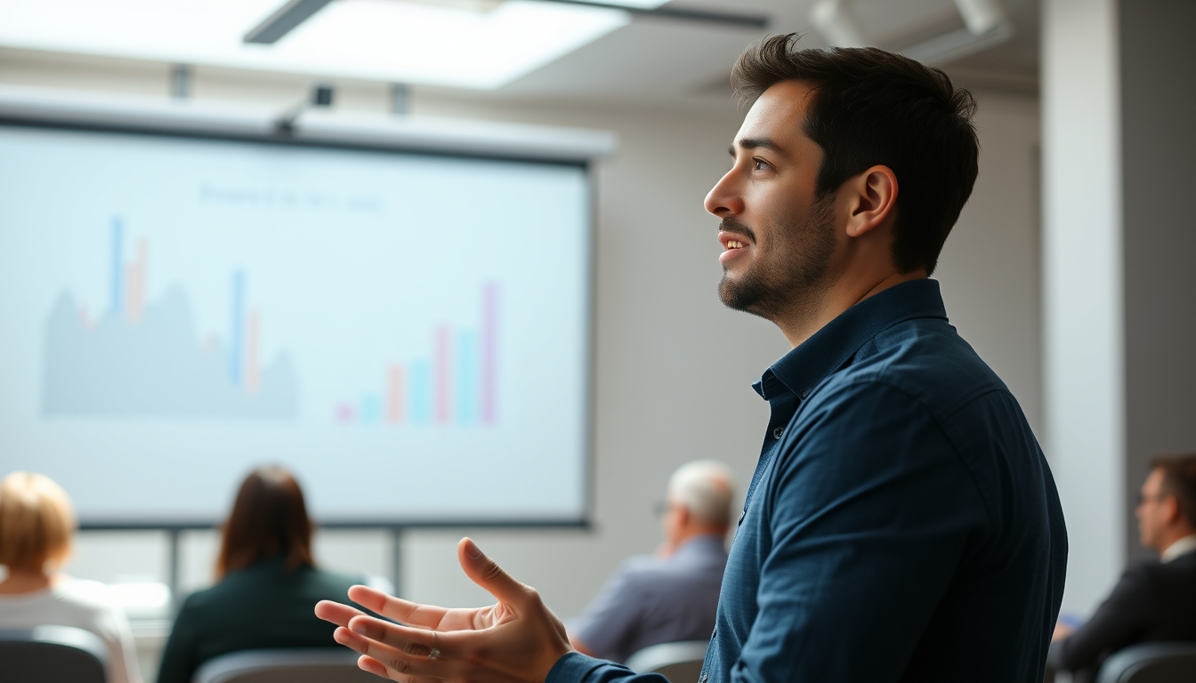 Pitch presentation founder in front of slide deck and investors em estilo editorial