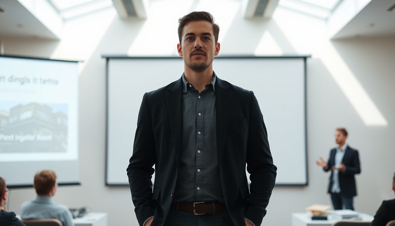 Pitch presentation founder in front of slide deck and investors em estilo editorial