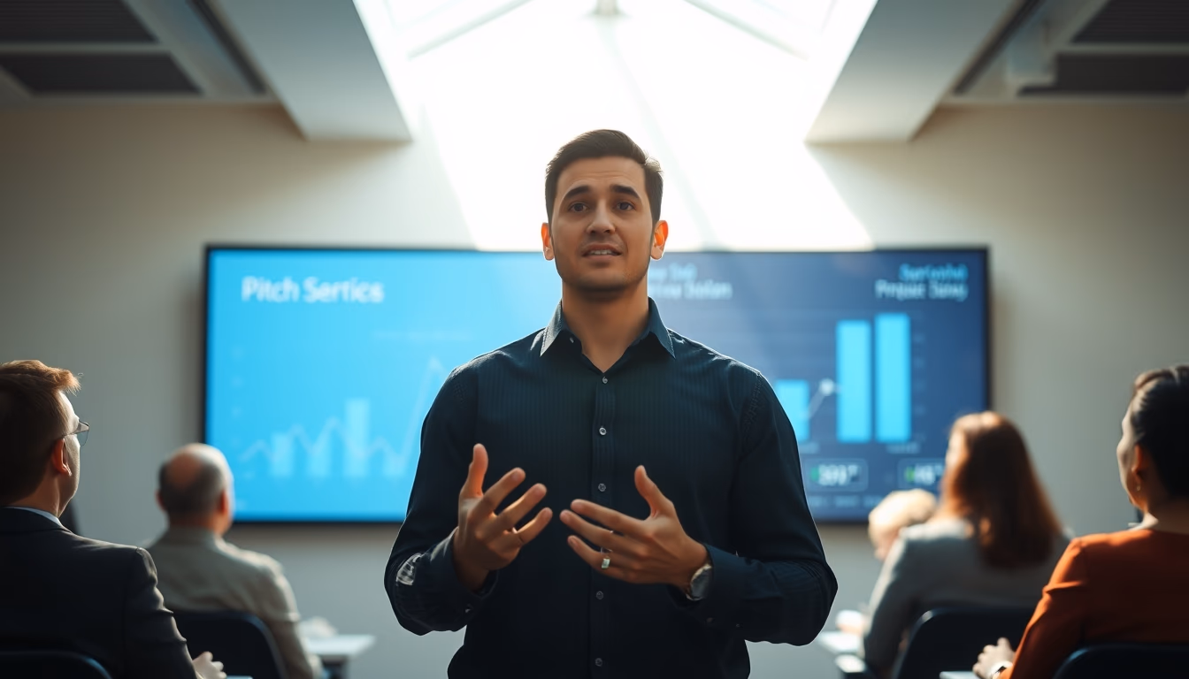 Pitch presentation founder in front of slide deck and investors em estilo editorial