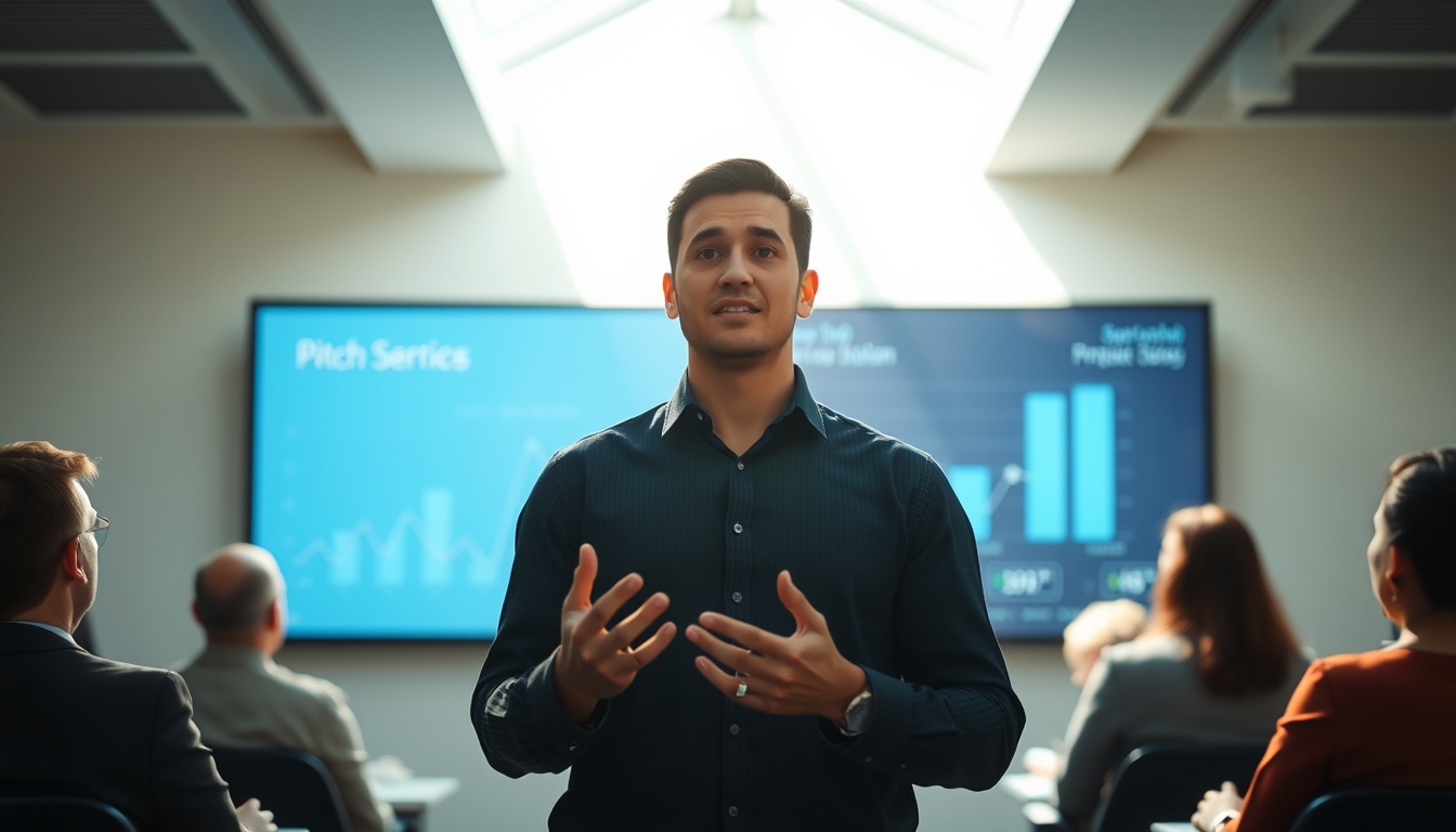 Pitch presentation founder in front of slide deck and investors em estilo editorial