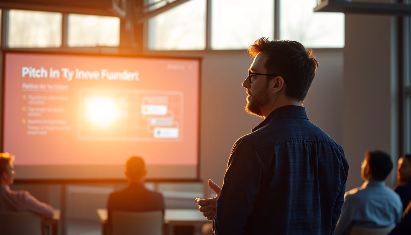Pitch presentation founder in front of slide deck and investors em estilo editorial