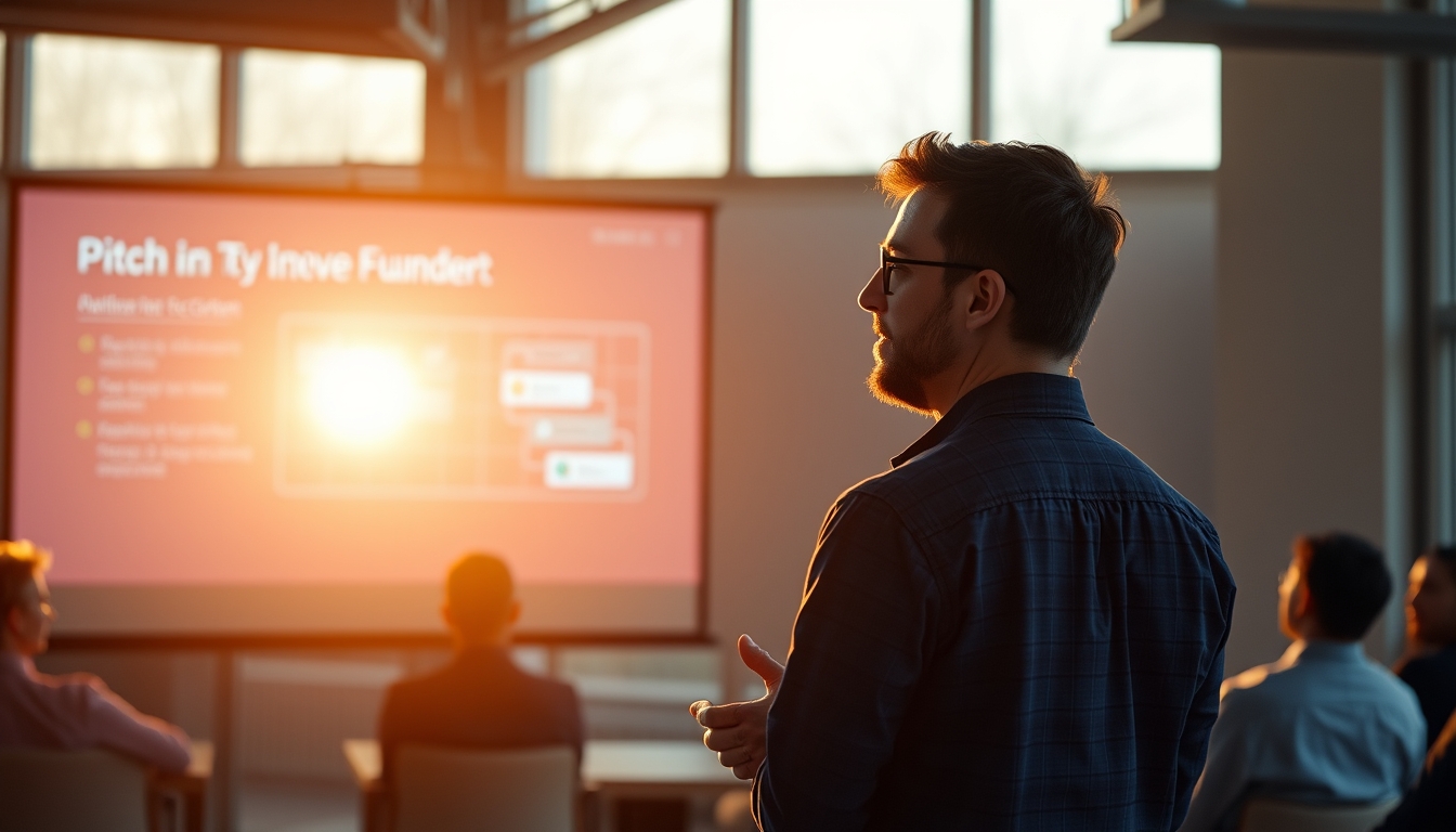 Pitch presentation founder in front of slide deck and investors em estilo editorial