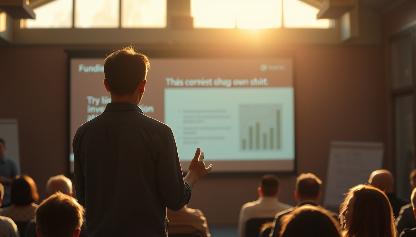 Pitch presentation founder in front of slide deck and investors em estilo editorial