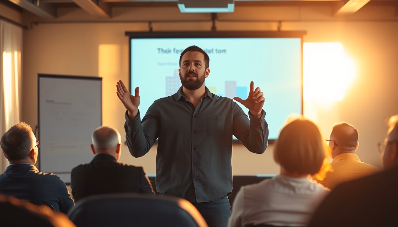 pitch presentation founder in front of slide deck and investors in editorial style